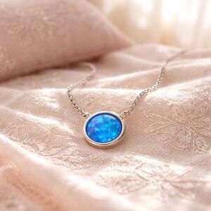 New Bezel Set Blue Opal Pendant Sterling Silver 925 , October Birthstone